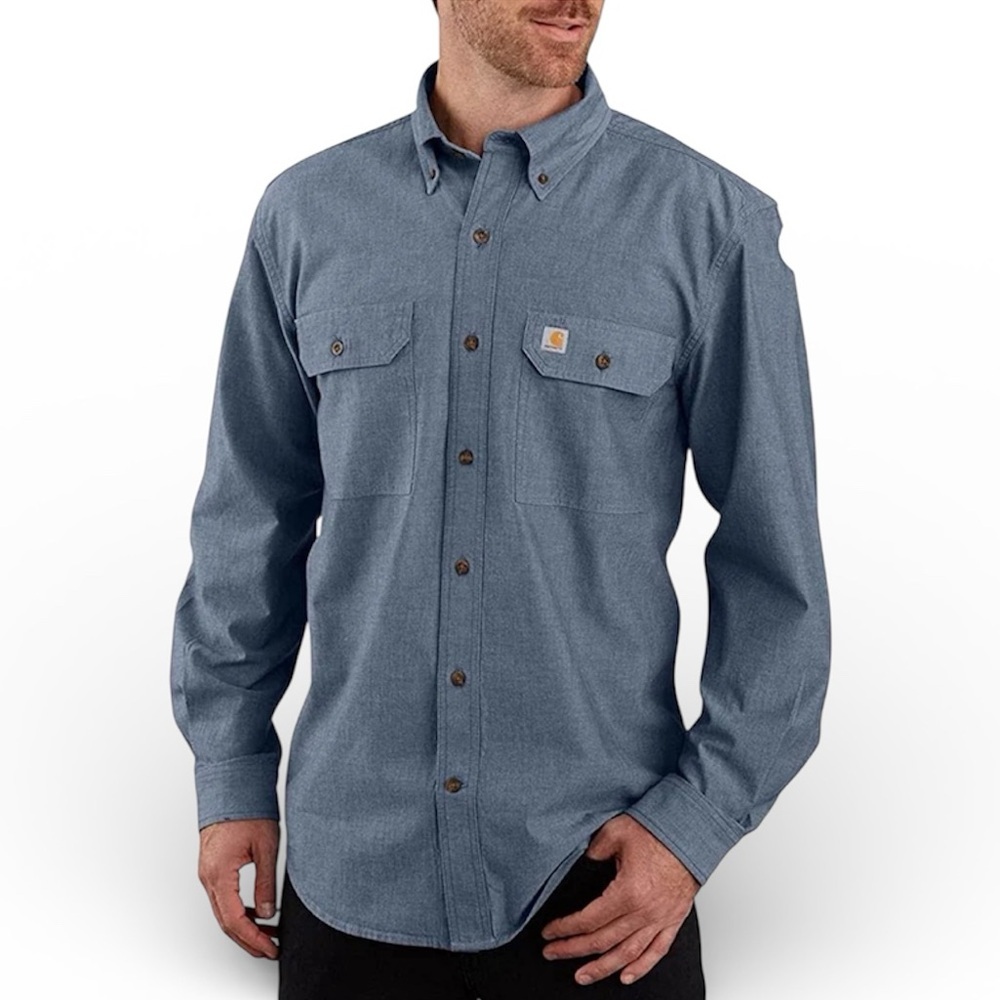 Carhartt Loose Fit Chambray Work Shirt Logo Patch Men’s L Button Front